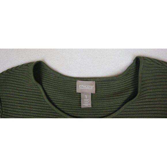 CHICO'S WOMEN'S GREEN RIBBED SHORT SLEEVE ASYMMETRICAL SWEATER - SIZE 1 - Picture 3 of 7